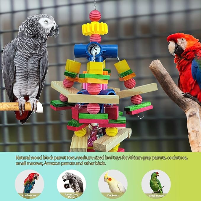 Parrot Toys for African Grey Parrots, Cockatoos, Small Macaws, Amazon Parrots Small and Medium Birds Natural Wooden Safe and Durable Chew Toys and Bird Cage Accessories