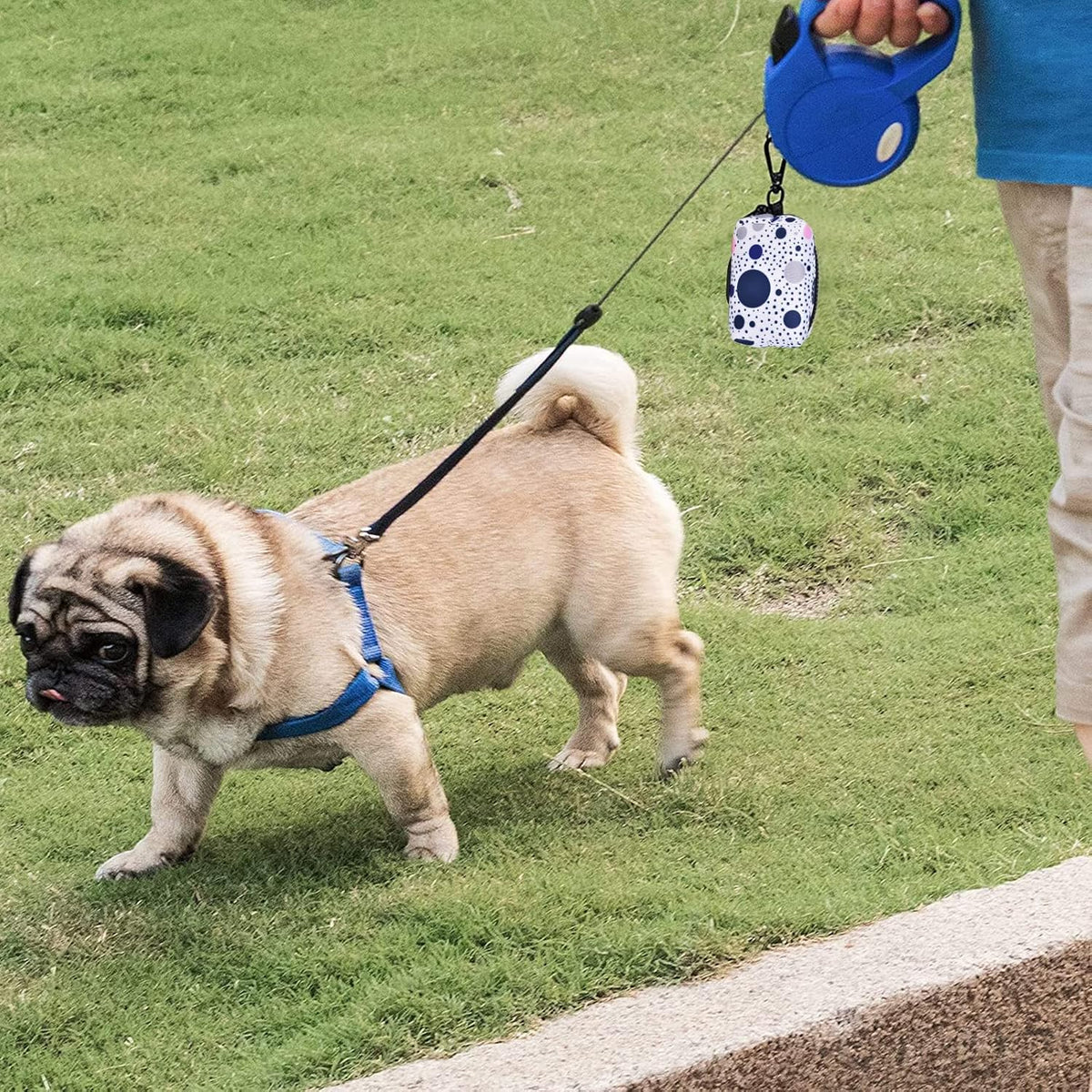 Petmolico Dog Poop Bag Holder Leash Attachment, Dog Waste Bag Dispenser Zippered Pouch, Fits Any Dog Leash, Includes Free Roll of Dog Bags, Poop Bag Dispenser - 2 Pack, Blue Dots