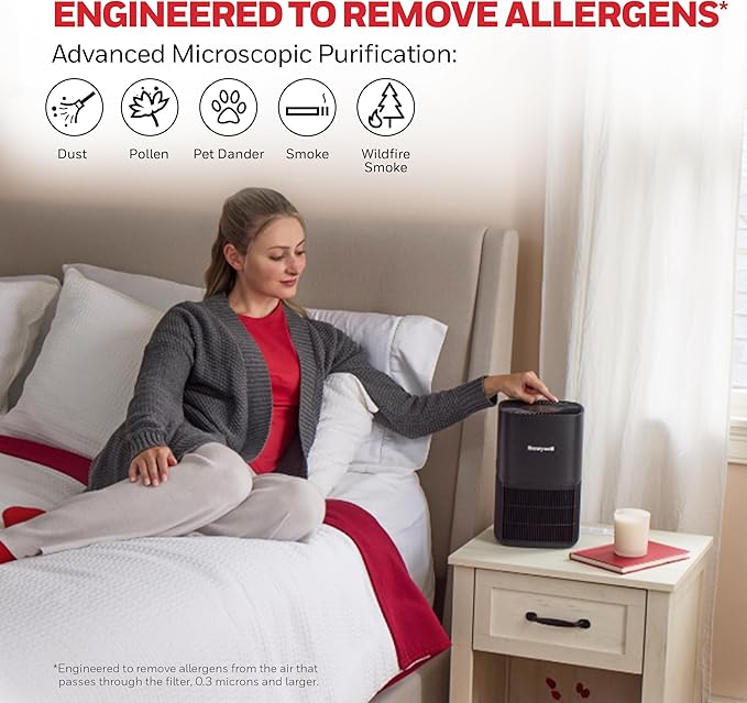 Honeywell Allergen Plus Compact HEPA Small Room Air Purifiers for Home, Up to 530 Ft² Coverage, 3-in-1 Filter, Pet Dander, Smoke & Odor Reducer Air Quality Sensor with Auto Mode, Black, HPA125B