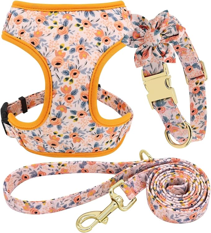 Beirui Cute Girl Dog Collars, Harnesses & Leashes Set - Adjustable Dog Collar and Leash Set with Flower - Soft Mesh Dog Vest Harness for Puppies Small Medium Dogs (Orange,S)