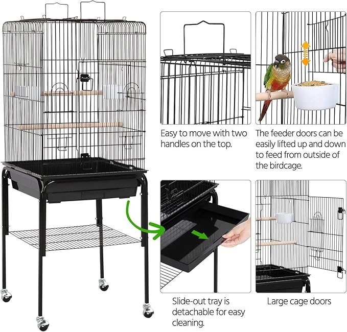 Yaheetech Open Top Rolling Parrot Bird Cage for Cockatiel Sun Parakeet Green Cheek Conure Mid-Sized Parrot Cage with Detachable Stand