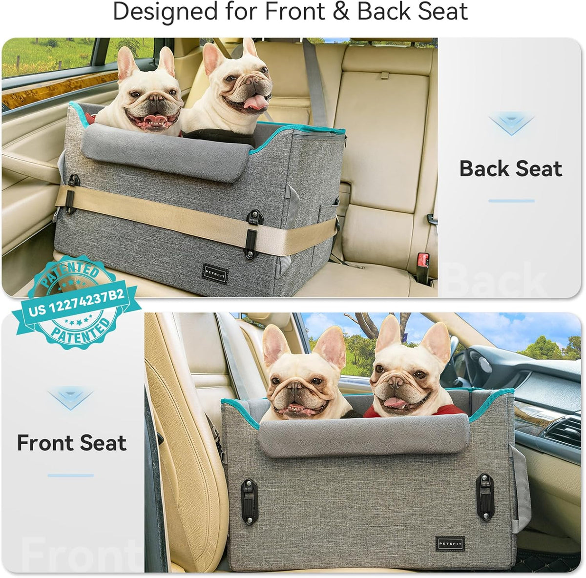 PETSFIT Dog Booster Car Seat for Small/Medium Dogs, Dog Car Seat for Medium Sized Dog with 2 Clip-On Safety Leashes and Patented Buckles, Pet Car Seat with Storage Pockets for Pets Under 45Lbs (Grey)