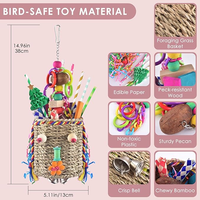 KATUMO Bird Toys, Parrot Grass Basket and Shredding Foraging for Parakeets, Cockatiels, Conures, Small and Medium Bird Cage Accessories