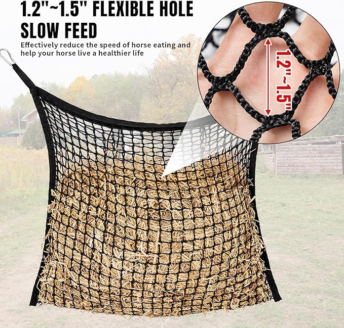 4 PCS Slow Feed Hay Net for Horses, Large Capacity Hay Bags for Horses Goats Sheep Donkey Trailer Full Day Feeding, Easy to Fill and Hang, Black, 35 x 31 Inch