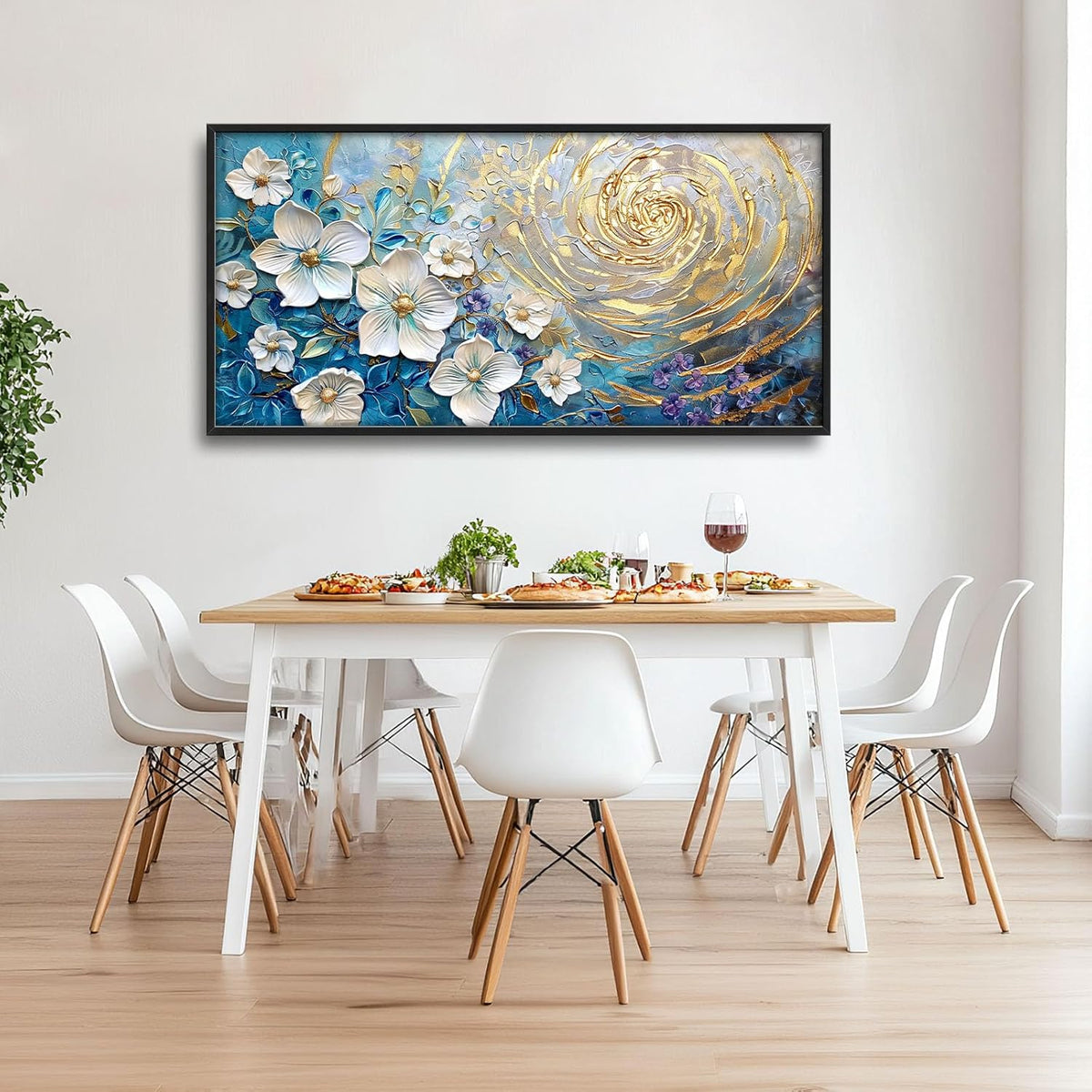 Flower Large Wall Art White Floral Pictures Abstract Golden Spiral Texture Wall Decor Canvas Print Painting Artwork for Bathroom Living Room Bedroom 60L" x 30W"