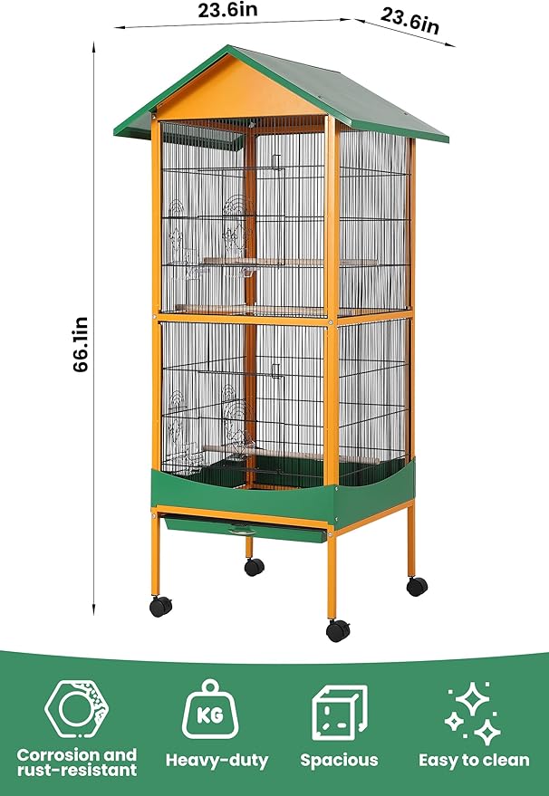 Garvee Bird cage, 66''H Extra Large Bird Cage, w/Removeble Tray, Waterproof Roof, Easy to Clean, Lockable Caster, Indoor& Outdoor Application for Conure,Macaw,Budgie,Cockatiel,Lovebirds,Parakeet