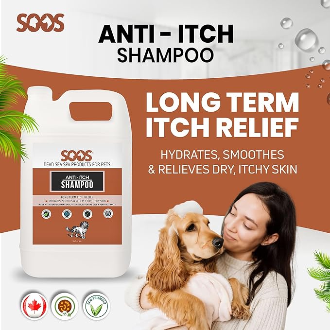 Soos Pet Shampoo Anti-Itch Natural Dead Sea Minerals Cat and Dog Shampoo with Vitamins Essential Oils Natural Ingredients Soothes Itching Clean Fur - 1x Pets Shampoo (4L)