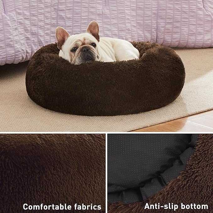 Love's cabin 20in Cat Beds for Indoor Cats - Cat Bed with Machine Washable, Waterproof Bottom - Dark Brown Fluffy Dog Pet Calming Cushion Bed for Joint-Relief and Sleep Improvement