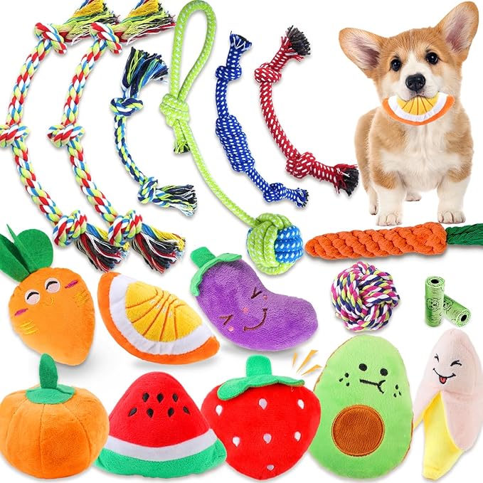 18 Pack Dog Toys Puppy Teething Toys, Puppy Essentials Chew Toy Bundle with Squeaky Toy and Interactive Rope for Small Dogs to Keep Them Busy