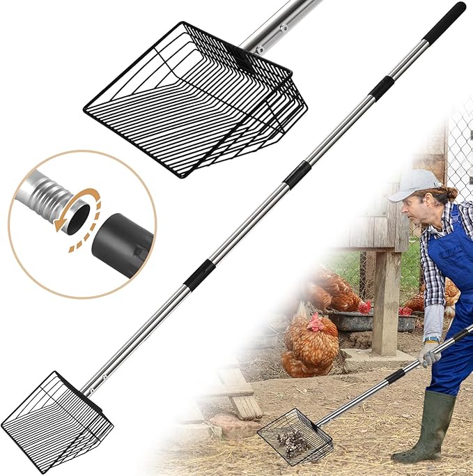 10inch Large Metal Chicken Poop Scooper, 24 to 68" Long Chicken Coop Litter Scoop with Stainless Steel Handle, 4 in 1 Multifunctional Heavy Duty Litter Sifting Shovel Chicken Coop Accessories