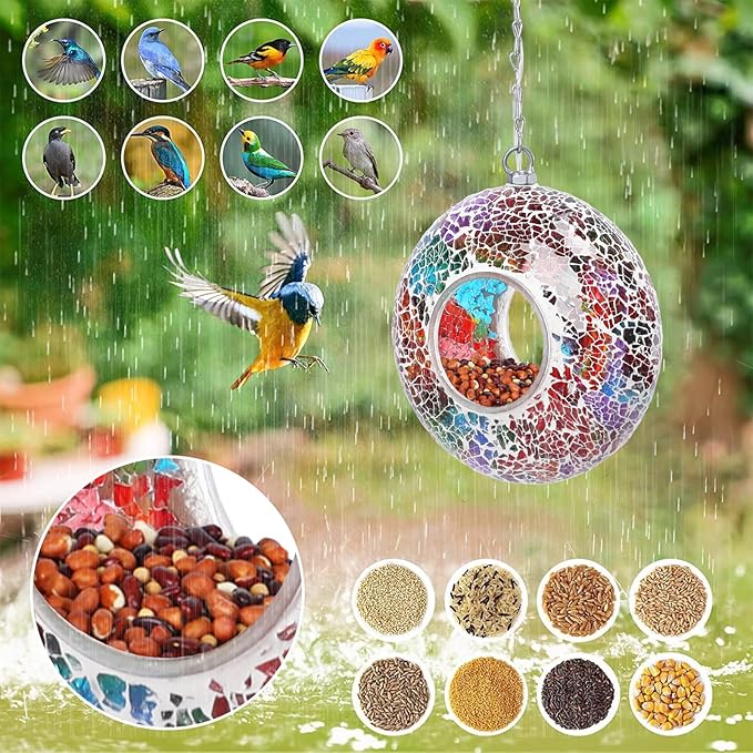 Mosaic Bird Feeders for Outside Hanging with Round Shape Glass Container Fly Through Solar Bird Feeder for Garden Decor (Multicolor)