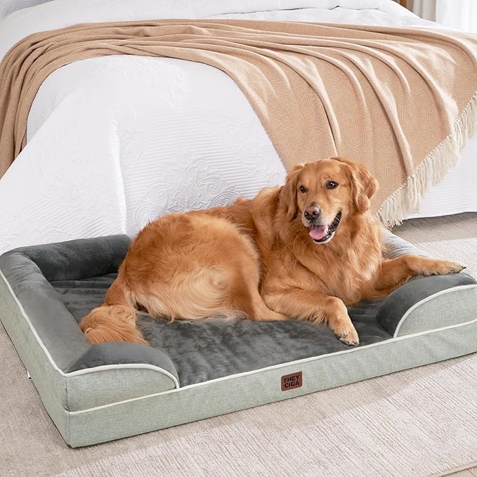 EHEYCIGA Orthopedic Dog Beds for Extra Large Dogs, Waterproof Memory Foam XXL Dog Bed with Sides, Non-Slip Bottom and Egg-Crate Foam Big Pet Couch Bed with Washable Removable Cover, Greyish Green