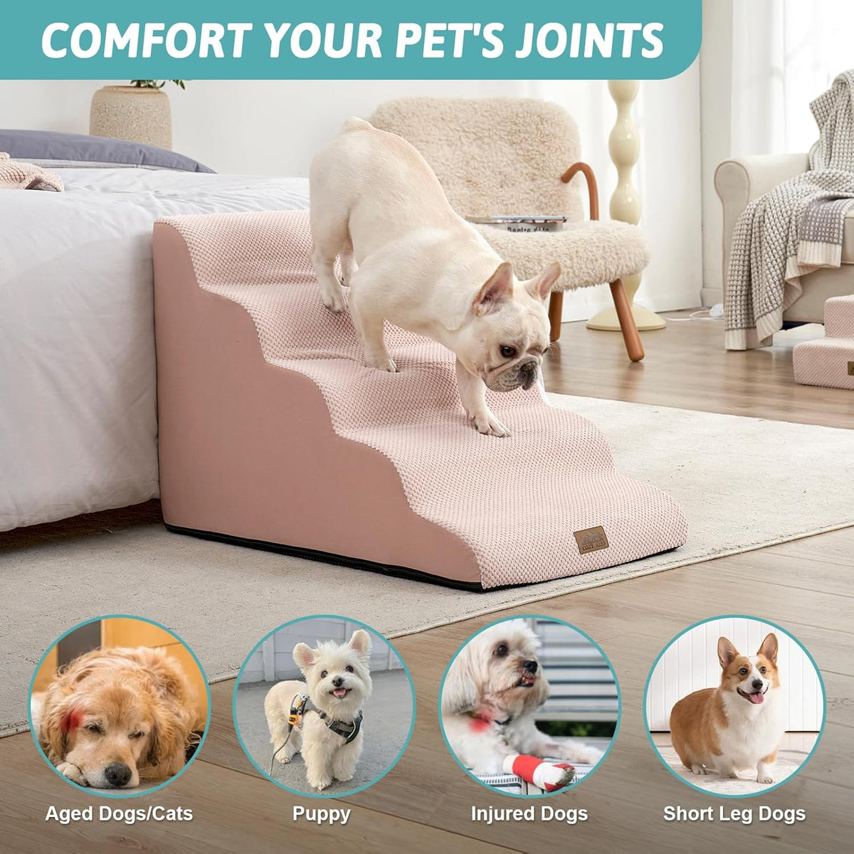 Wide Dog Stairs 19.7" Width, Pet Step for Small/Medium/Large Dog, Puppy or Cat, Pet Ramp for High Bed or Car, High Density Foam Ladder, 19.7x33x22.4 in, Stable, 5 Step, Pink