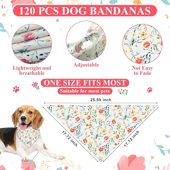 Reginary 120 Packs Spring Dog Bandanas Bulk Flower Dog Scarf Adjustable Holiday Floral Pet Scarf Flower Washable Scarves Triangle Drool Bibs for Cat Pet Costume Supply