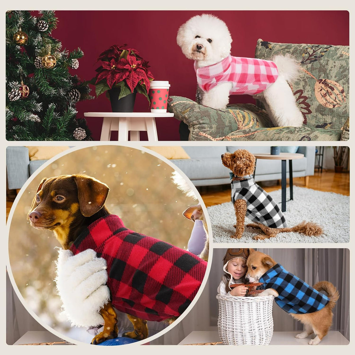 Kuoser Dog Fleece Vest,Warm Plaid Dog Sweater with Leash Hole,Soft Turtleneck Winter Pet Jacket Dogs Coat Pullover Clothes for Small Medium Dogs Cats,Spring Fall Cold Weather Christmas Outfit,Blue XS