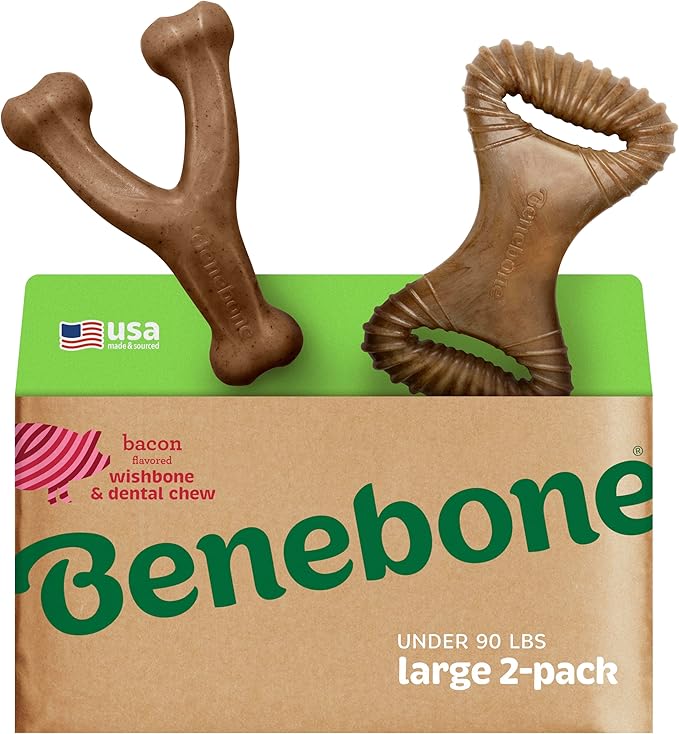 Benebone 2-Pack Wishbone/Dental Durable Dog Chew Toys, Real Bacon, Made in USA, Large