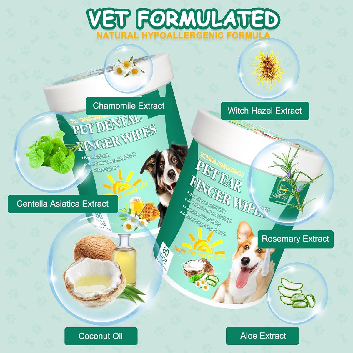 Pet Finger Wipes for Ear and Teeth - 120 Count Cleaner Finger Wipes for Dog and Cat, Dental Ear Care Wipes, Hypoallergenic Dog Wipes to Remove Plaque Tartar, Relieve Ear Itching and Inflammation