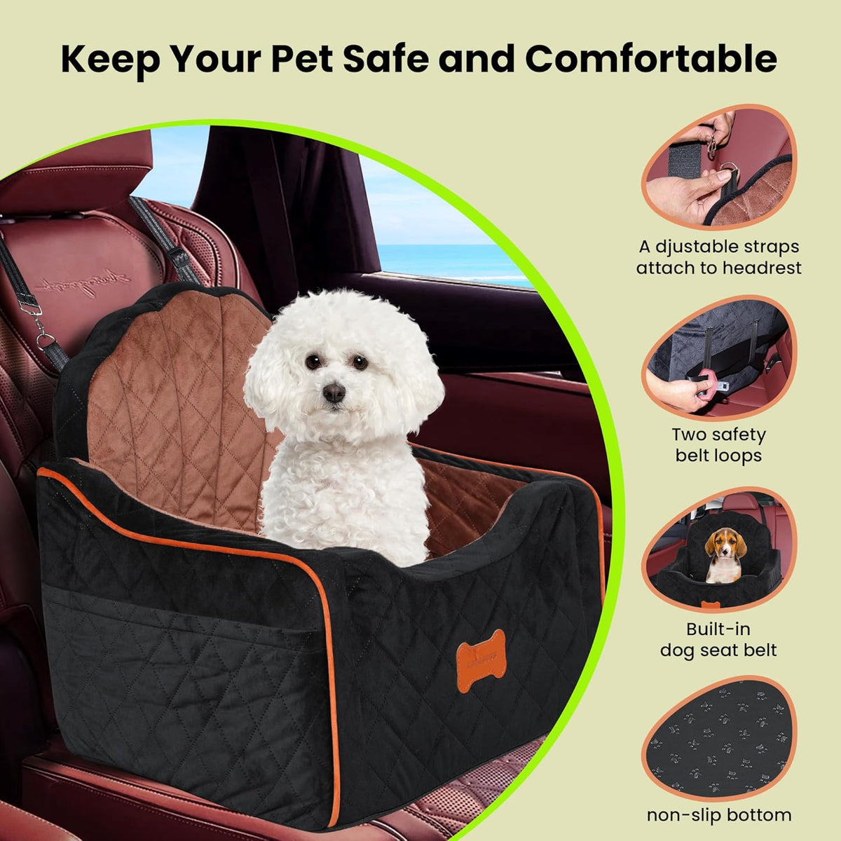 Dog Car Seat for Small Dogs Under 30lbs, Detachable Washable Pet Booster Seat with Safety Belt & Storage Pockets, Travel Car Bed, Black/Brown