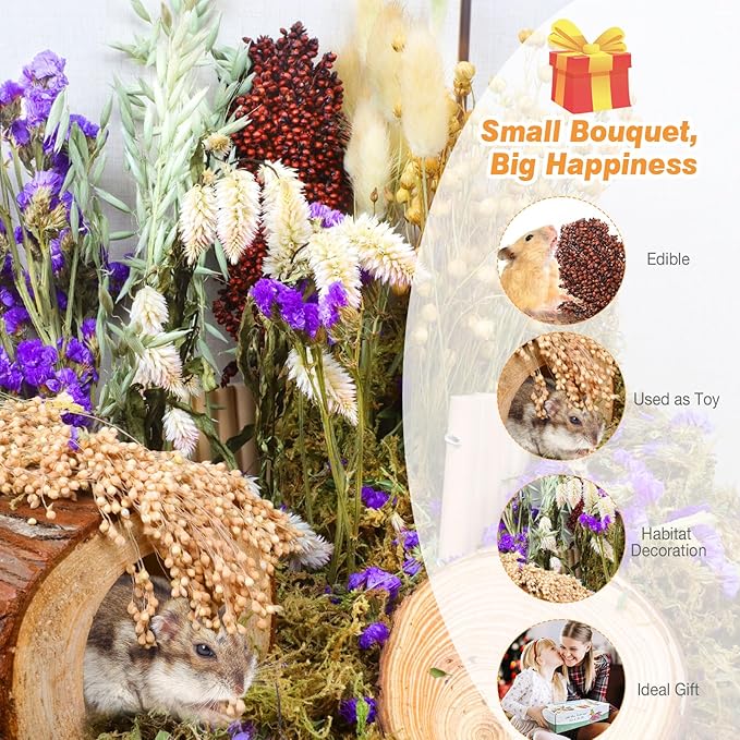 Natural Hamster Bedding, Hamster Herbs Flowers for Hamster Cage Enclosure Habitat Decor Hamster Sprays for Dwarf Syrian Guinea Hamsters Gerbil Degus or Other Small Animals（Flower Grain Version）
