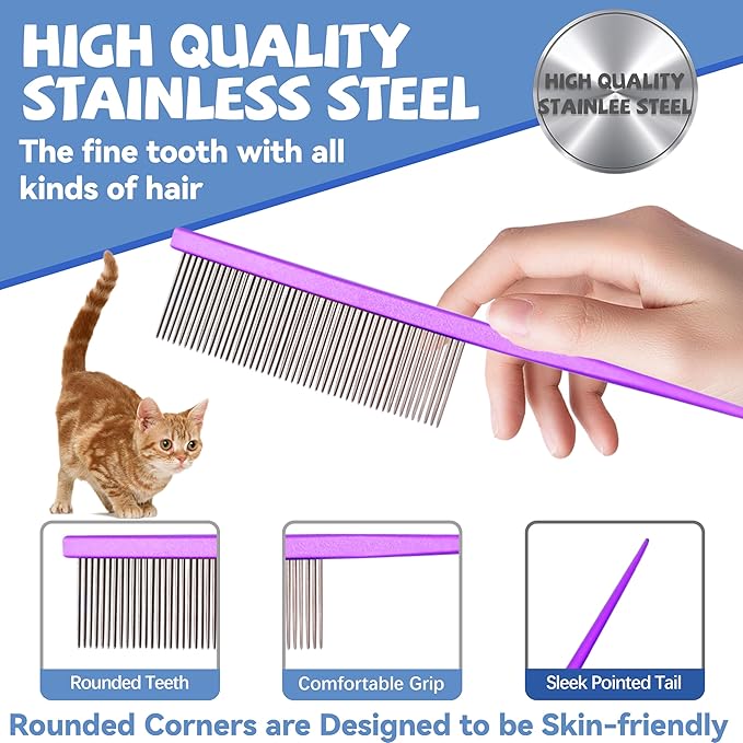 Grooming Pet Comb Rat Tail Dematting Cat and Dog Comb，Rounded Ends Design for Safe Tangle Removal, Hairstyling, Massage，Loose Hair Removal，Prevent Irritation，Fluffing Paws,Face,Tail,Remove Tear Stain
