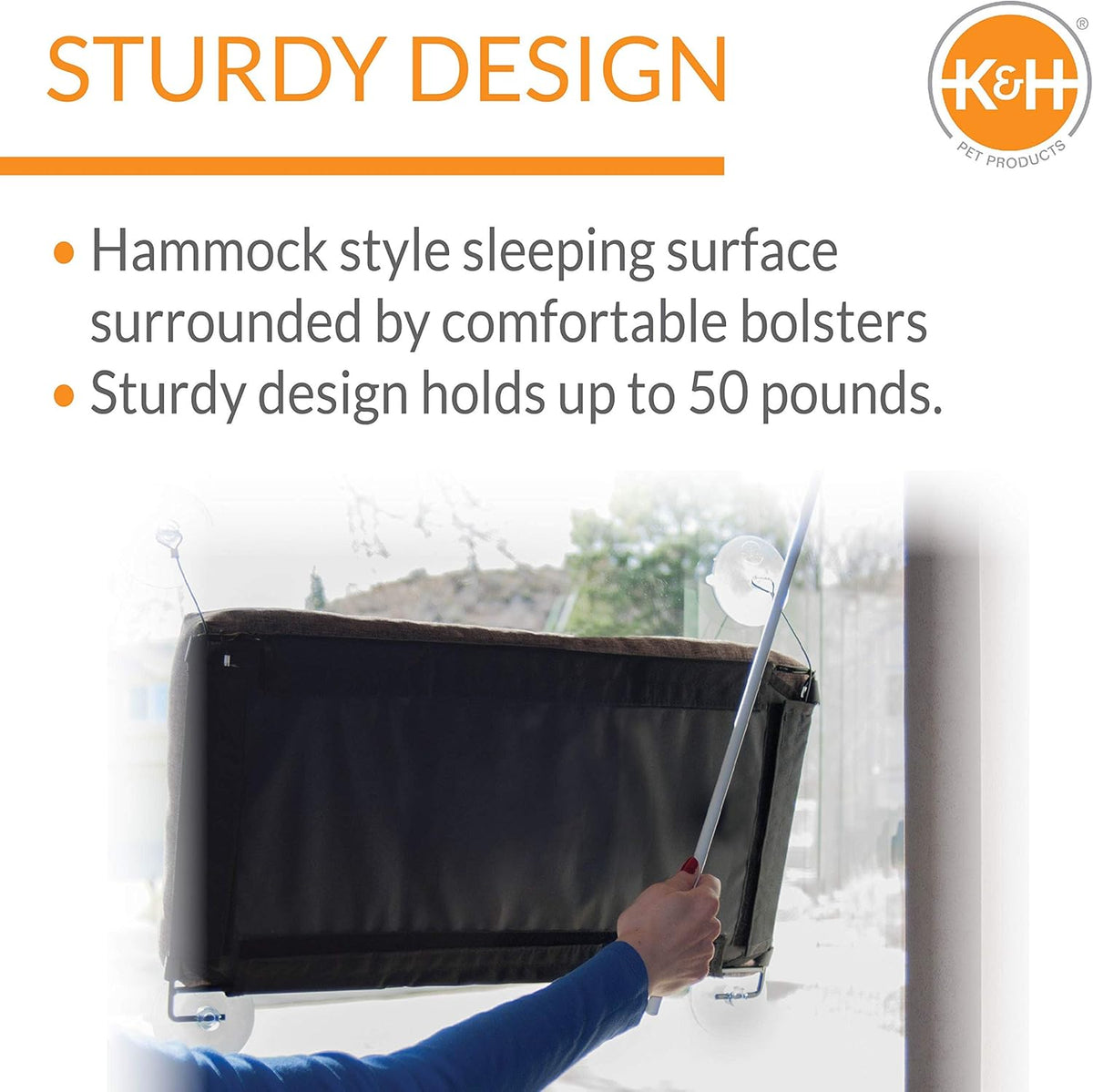 K&H Pet Products EZ Mount Bolster Cat Window Perch for Large Cats, Sturdy Kitty Window Hammock Bed, Steel Frame, Sturdy Suction Cups, Washable Shelf Covers, Foldable - Fits 27"W X 23"H Glass Spaces