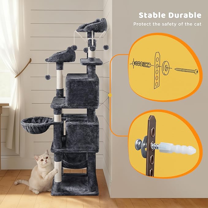 Yaheetech Cat Tree, 67in Large Tower w/ 3 Removable Teaser Sticks, 2 Kitten-Ear Shaped Perches, 2 Condos, Hammock, Scratching Post, Multi Level Pet House, Dark Gray