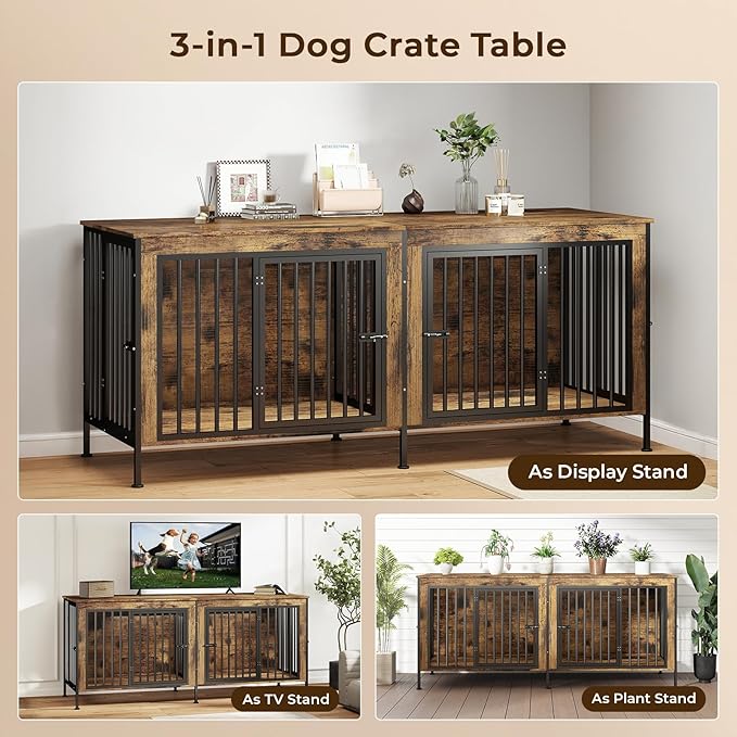 63 in Dog Crate Furniture for 2 Large/Medium Dogs with Removable Divider, Extra Large Double Doors Dog Kennel, XXL Thick Wooden Dog Cage Furniture,Sturdy and Durable, Brown