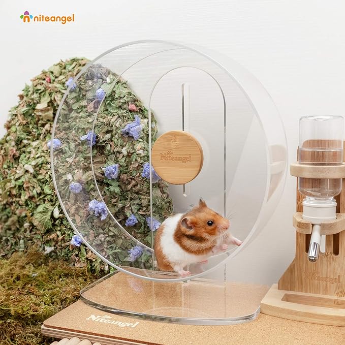 Niteangel Silent Hamster Exercise Wheel - Dual-Bearing Quiet Spinning Acrylic Hamster Running Wheel for Hamster Gerbils Mice Degus Or Other Small Animals (Medium - Wider Version)