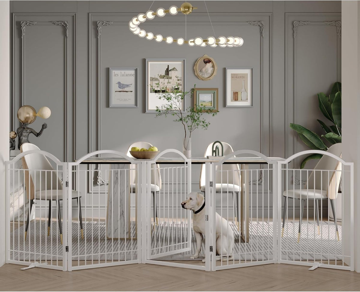 BHG Metal No-Assembly Freestanding Dog Gate with Door Walk Through, Extra Wide 120", Extra Tall 32" Pet Gate, Accordion Puppy Folding Playpen Dog Fence, with 2PCS Support (White, 5 Panels)