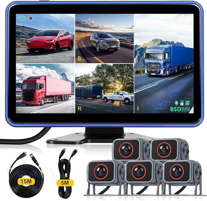 Hodozzy Backup Camera Monitor System,10.1 Inch IPS Reversing Monitor, 5 Split Screen with Five Waterproof Camera,IP68 Waterproof,Night Vision, Hard-Wired Backup Camera for Trucks/Bus/Trailer/RV
