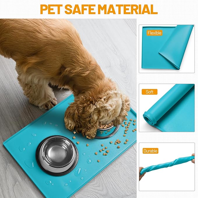 Hubulk Dog Feeding Mat,100% Waterproof Food Grade Silicone Pet Food and Water Bowl Placemat,Dishwasher, High Raised Edge to Prevent Spills,Nonslip Tray to Stop Messes on Floor (32"x24"x1.0", Teal)