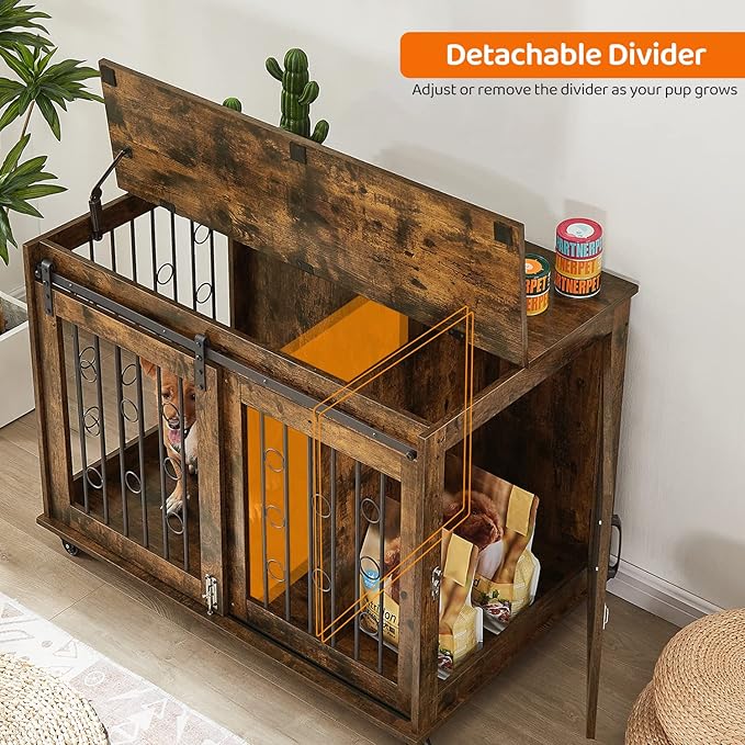 IchbinGo Dog Crate Furniture with Sliding Barn Door, 39" Wooden Dog Kennel End Table with Wheels and Flip-top Plate Dog House with Detachable Divider for Small/Medium/Large Dog (Rustic Brown)