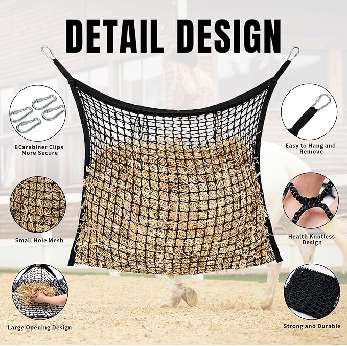 4 PCS Slow Feed Hay Net for Horses, Large Capacity Hay Bags for Horses Goats Sheep Donkey Trailer Full Day Feeding, Easy to Fill and Hang, Black, 35 x 31 Inch