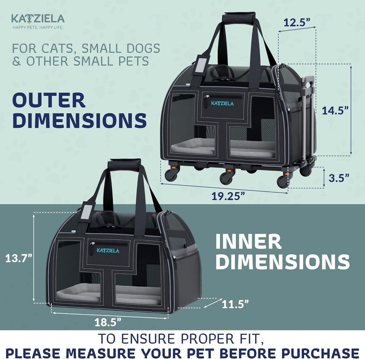 Airline Compliant Pet Carrier - Rolling Portable Travel Carry Crate for Small Dog, Puppy or Cat - Soft Removable Wheeled Design with Mesh Window Sides - Airplane and TSA Compliant- by Katziela