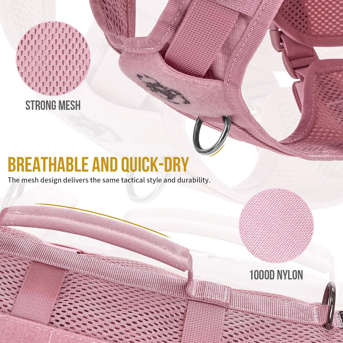 OneTigris Tactical Dog Harness for Small Dogs, No Pull Small Dog Vest Harness with Handles Breathable Military Dogs Molle Vests, Walking Hiking Training (Pink, X-Large)