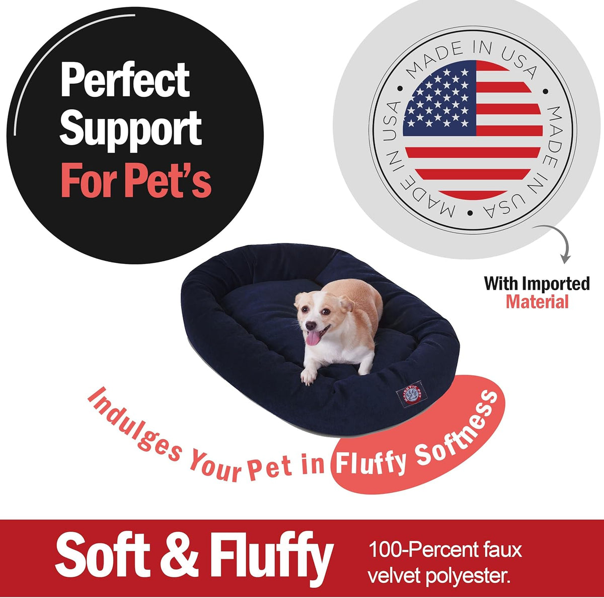 Majestic Pet 32 Inch Micro Velvet Calming Dog Bed Washable 32x23x7 (inch) – Cozy Soft Round Donut Dog Bed with Spine for Head Support - Pet Bed Medium – Navy
