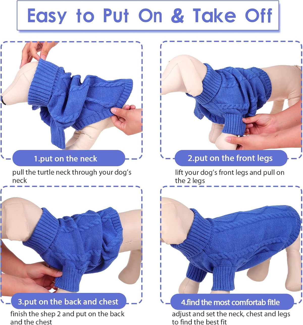 Queenmore Small Dog Pullover Sweater, Cold Weather Cable Knitwear, Classic Turtleneck Thick Warm Clothes for Chihuahua, Bulldog, Dachshund, Pug (Royal Blue, Medium)