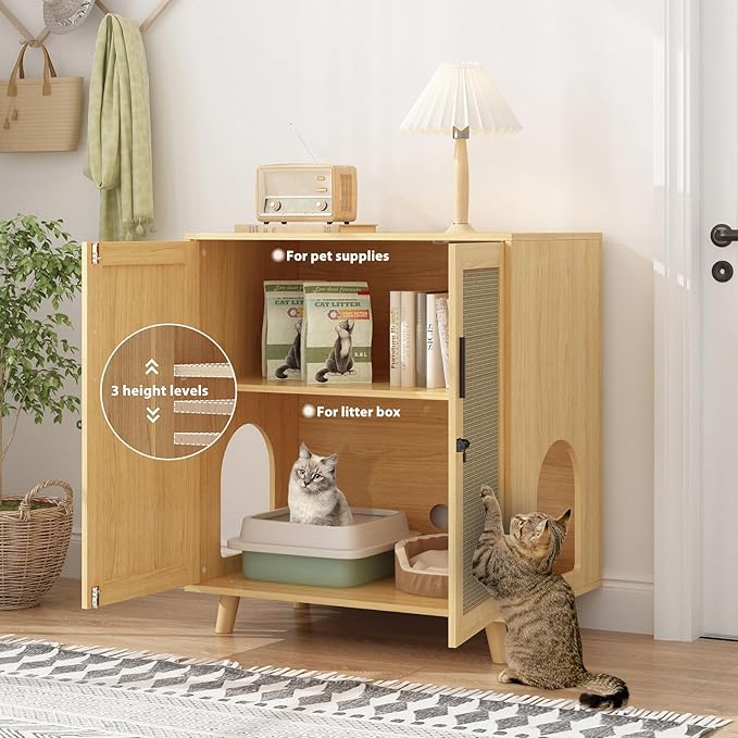 Lovinouse Large Cat Litter Box Enclosure,Hidden Kitty Litter Furniture with Sisal Covered Doors,2-Layer Wooden Cat Washroom Cabinet w/Adjustable Shelf,Side Table for Living Room,Natural