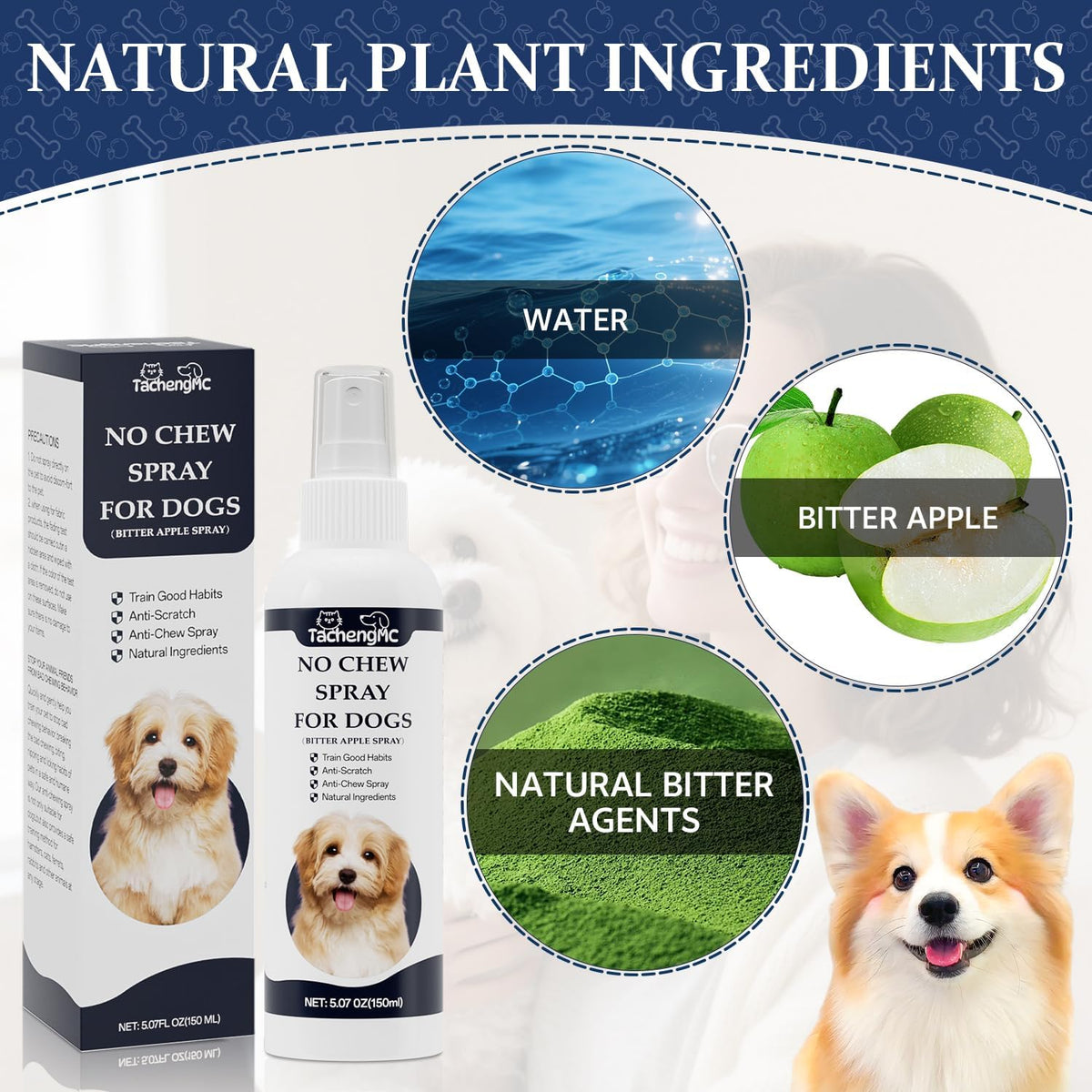No Chew Spray for Dogs, 150 ml Bitter Apple Deterrent Spray to Stop Chewing, Licking and Biting on Furniture, Shoes and Plants, Alcohol-Free Puppy Training Aid for Indoor and Outdoor Use