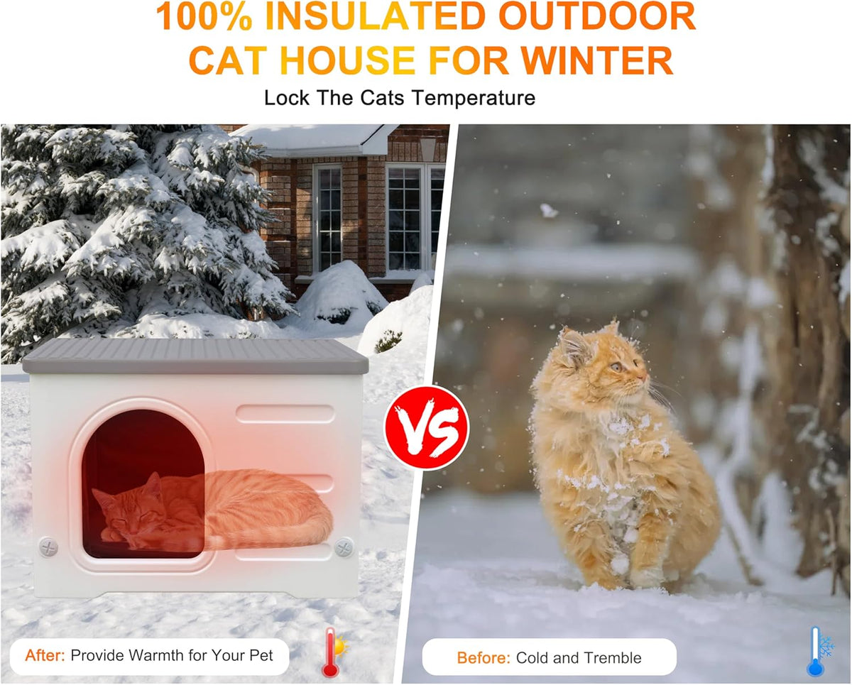 Rockever Plastic Outdoor Indoor Cat House with Insulated Liner, 100% Insulated Feral Cat House for Winter, Waterproof Cat Houses for Outdoor Cats, Spacious, Assemble Easily-Grey