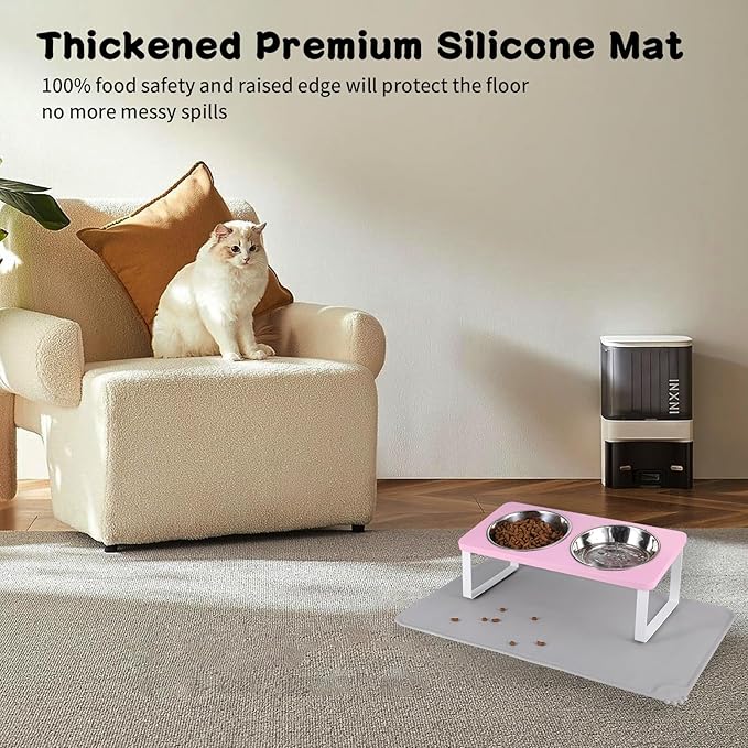Upgraded Elevated Cat Bowls with Food Mat,15°Tilted Stand Anti Vomiting Raised Cat Dishes for Food and Water,2 Stainless Steel Bowls for Cats and Puppy（Pink）