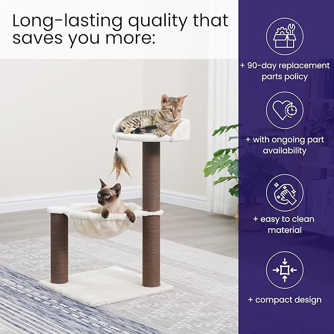 Catry Nirvana 3-Level Kitten Tree with Plush Perch, Soft Hammock, and Paper Rope Scratching Posts, Minimalist Cat Furniture for Climbing, Scratching & Resting, Ideal for Kittens & Small Cats, Beige
