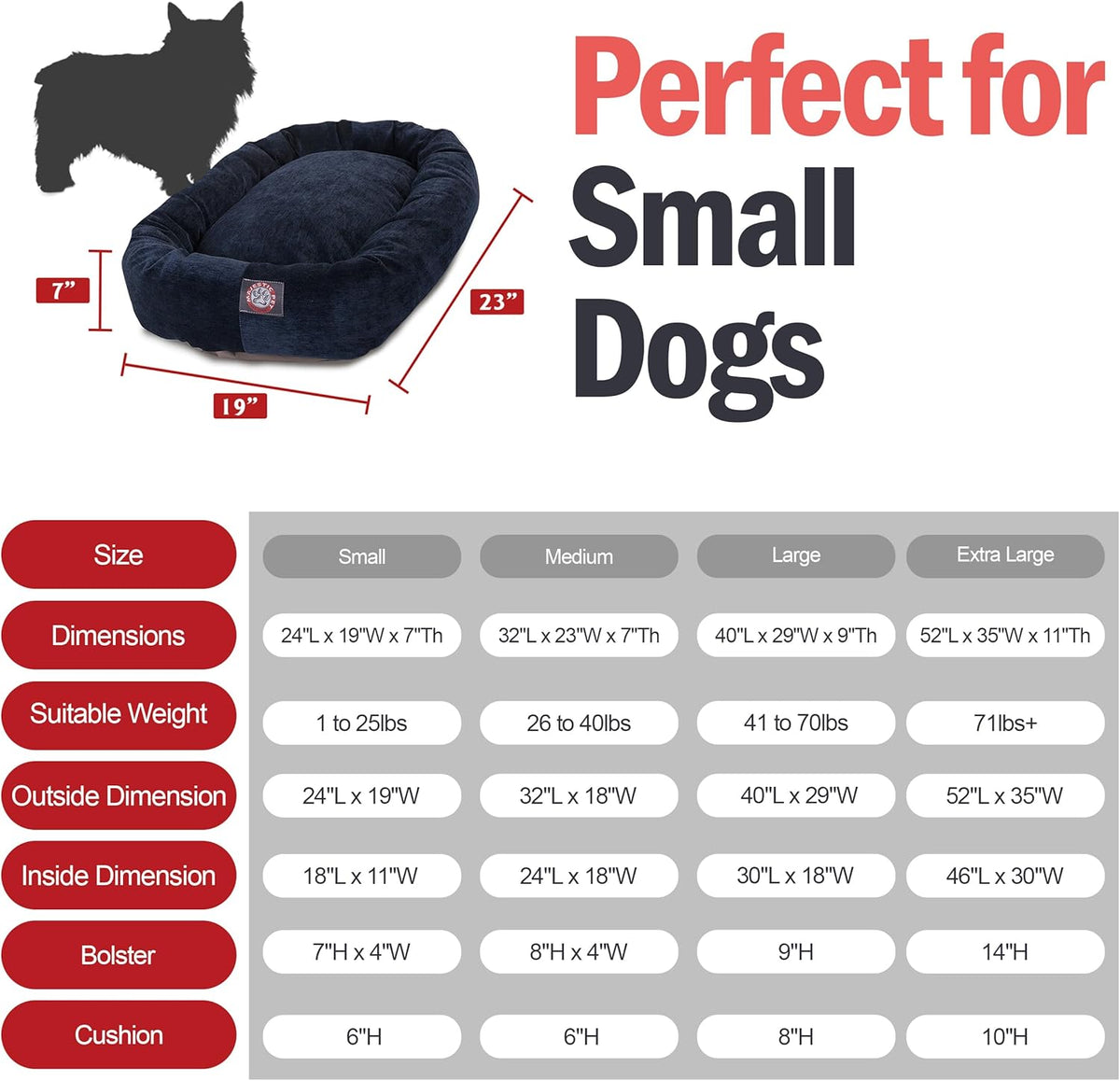 Majestic Pet Villa 24 Inch Shredded Memory Foam Dog Bed for Small Sized Dogs 24x19x7 Inch–Orthopedic Dog Bed - Durable Pet Bed - Washable Small Pet Bed with Head Support-Navy