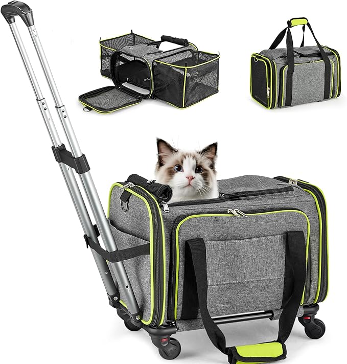 Pet Carrier with Wheels for Cat and Small Dog, Expandable Airline Approved Pet Carrier for Animal Under 15 lbs, Rolling Cats Puppy Carriers Travel Bag for Traveling and Camping