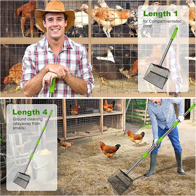 12inch Large Chicken Poop Scooper，2 Widths of Slots Litter Sifting Shovel （23 to 66"），Chicken Coop Litter Scoop with Stainless Steel Handle, 4 in 1 Multifunctional Heavy Duty Chicken Coop Accessories