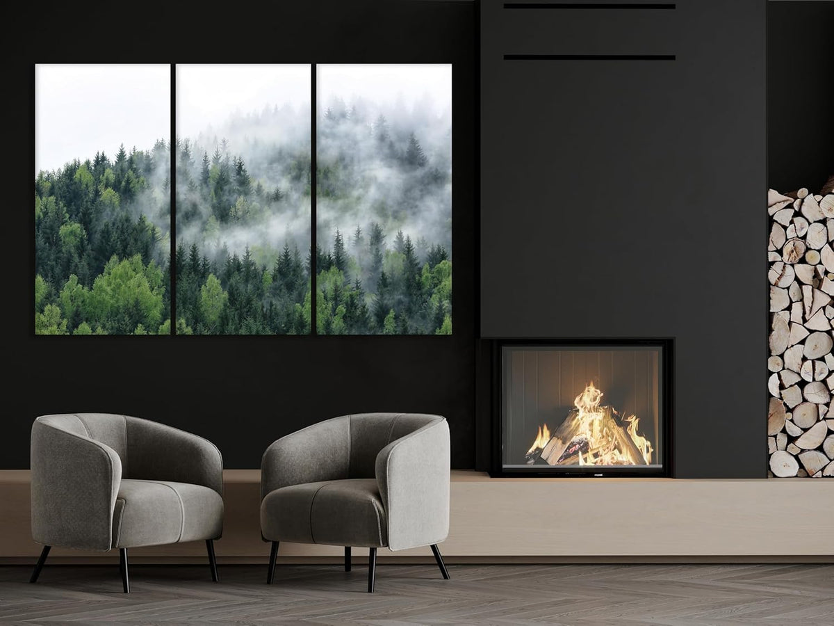 Nature Wall Art Prints - Ocean Forest Mountain Lake Canvas Landscapes - Small to Extra Large Living Room Bedroom Kitchen Bathroom Décor (Pine Trees in Fog, 31L" x 47W" - 3 Panels)