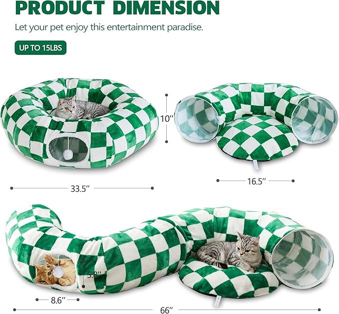 Cat Tunnel for Indoor Cats, Cute Peekaboo Cat Cave with Dangling Balls, Checkered Pet Donut Tunnel Bed with Circle Mat for Puppy Kitten Rabbit, Green/White