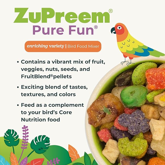 ZuPreem Pure Fun Bird Food, Parrot, Conure, Caique, African Grey, Eclectus, Small Cockatoo, Seed and Pellet Blend for Medium Large Birds, Bird Food Mixer Topper, Enriching Variety (ML, 2 lbs)