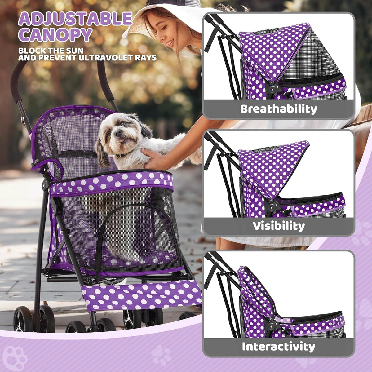 Magshion Compact Pet Stroller for Small-Medium Dogs/Cats up to 22lbs, 4-Wheel Lightweight Umbrella Shaped Portable Puppy Travel Jogger with Breathable Mesh & Rear Storage, Purple Polka Dots