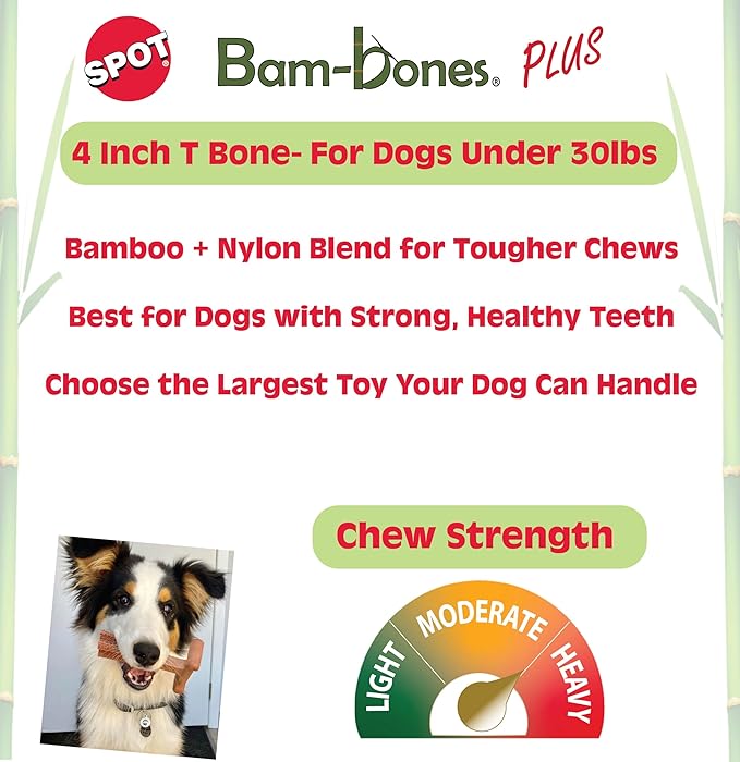 SPOT Bam-Bones Plus T Bone – Bamboo Fiber & Nylon Dog Chew Toy for Moderate to Aggressive Chewers, Durable & Non-Splintering, Long Lasting Beef Flavor Toy for Dogs & Puppies Under 30 lbs, 4 in